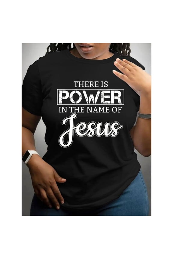 Women's "There Is Power In The Name Of Jesus" Graphic Breathable T Shirt Casual Short Sleeve Round Neck Top Black S-5XL
