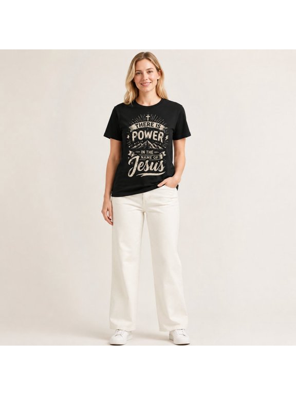 Women's There Is Power in the Name of Jesus Graphic T-Shirt, Black Short Sleeve Crew Neck Christian Faith Tee for Summer Casual Wear