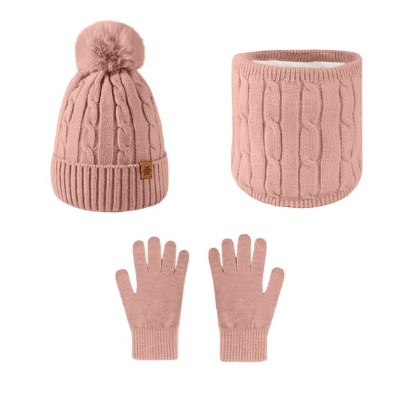 Women's Thermal Ear Flap Beanie Scarf Gloves Set, 3-Piece Knit Winter Set, Touchscreen Gloves, Fleece Lined Accessories, Cold Weather Set, Outdoor Winter Gear - Pink