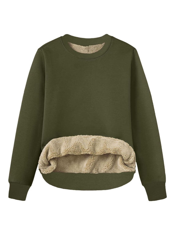 Women’s Thermal Fleece Lined Crew Neck Sweatshirt Sherpa Pullover Long Sleeve Warm Winter Top Soft Comfy Cold Weather Sweater for Layering,Army Green,L