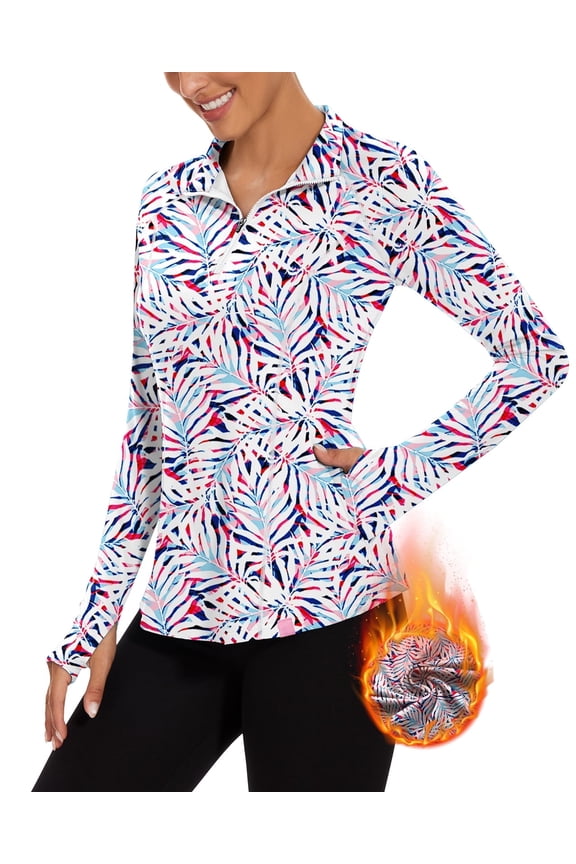 Women’s Long Sleeve Golf Polo Shirt Half Zip Collar Athletic Tops Fleece Pullover with Thumb Holes Pocket