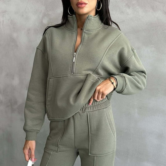 Women's Thermal Half Zip Sweatsuit Set, Fleece Lined Two Piece Outfit, Solid Color Pullover and Straight Leg Pants, Winter Workout Set, Running Yoga Outfit Light Green S