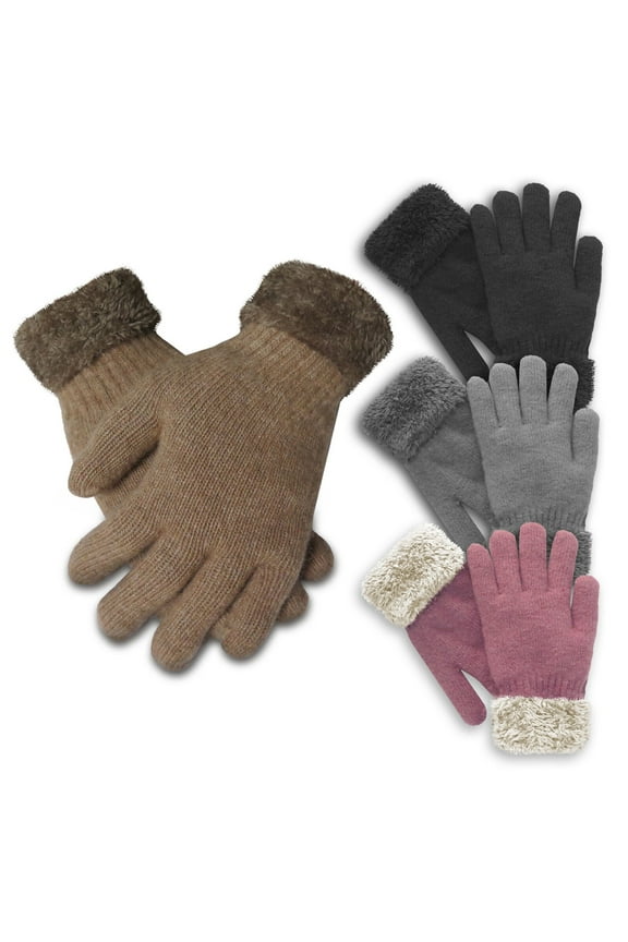 Women's Thermal Insulated Super Warm Winter Gloves Faux Fur Trim (Pink)