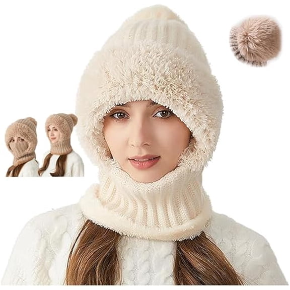 Women’s Thermal Knit Hood, 3 in 1 Lined Winter Hat, 3-in-1 Beanie Hat with Scarf and Mask for Women Windproof(Beige)