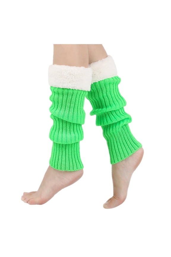 Women's Thermal Knit Leg Warmers with Fleece Lining, Winter Warm Thick Slouch Socks, Cozy Footless Hosiery for Outdoor Cold Weather and Home Wear, Fluorescent Green, One Size