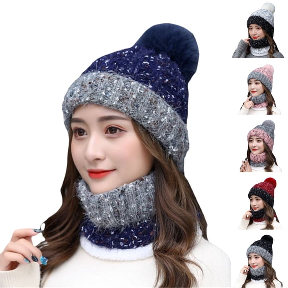 Women's Thermal Knitted Beanie with Attached Ear Flaps and Scarf Warm Winter Cycling Hat