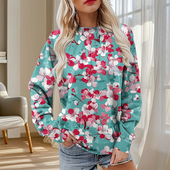 Women's Thermal Lightweight Round Neck Long Sleeve Printed Casual Sweatshirt for Cold Weather