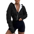 thumbnail image 1 of Women's Thermal-Lined Crop Hoodie Zip Front Long Sleeve Y2K Retro Streetwear Fall Winter Oversized Casual Tech Fleece Top, 1 of 8