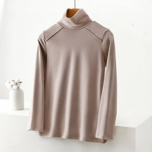 Women's Thermal Long Sleeve Shirts Fleece Turtleneck Top Warm Undershirts Long Sleeved Bottom Sweater Khaki XXL