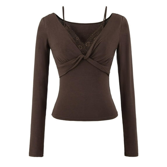 Women's Thermal Long Sleeve Shirts Ndbuld Women's Solid Color Long Sleeved V-neck Lace Patchwork Bottom Shirt Top Brown,L