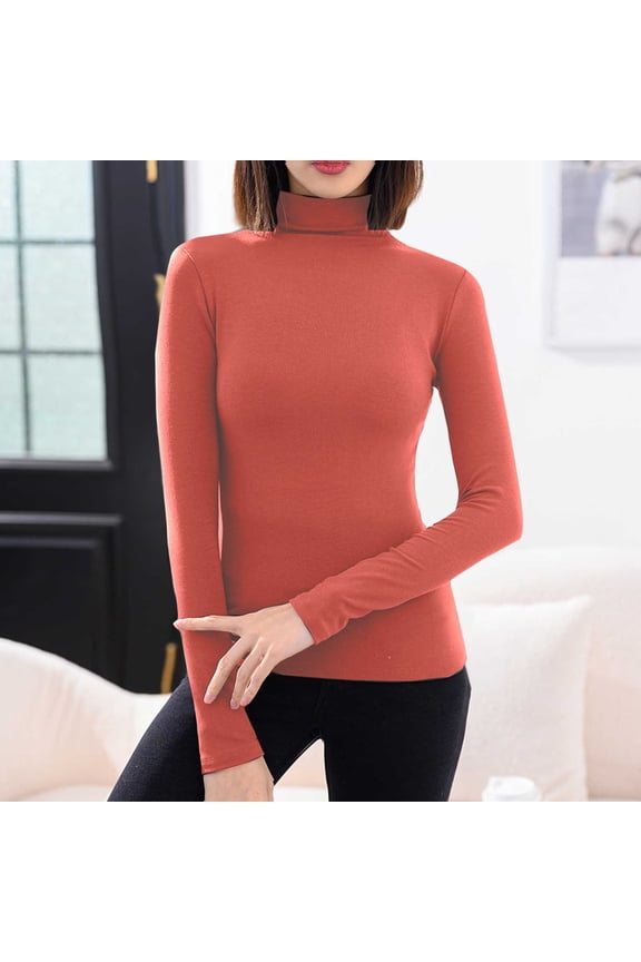 Women's Thermal Long Sleeve Shirts Women Casual Long-sleeved Soild Semi-high-neck Base Layer Is Paired With A Mid-neck Warm Top Made Of Thickened German Fleece For Fall And Winter,Red,XXL