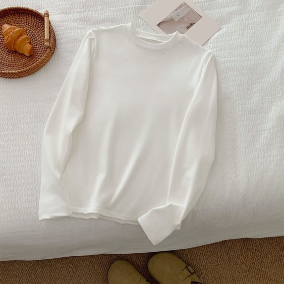 Women's Thermal Long Sleeve Shirts Women's Fashion Solid Color Long Sleeve T-shirt Round-Neck Leisure Cultivation Tops,White,XXL