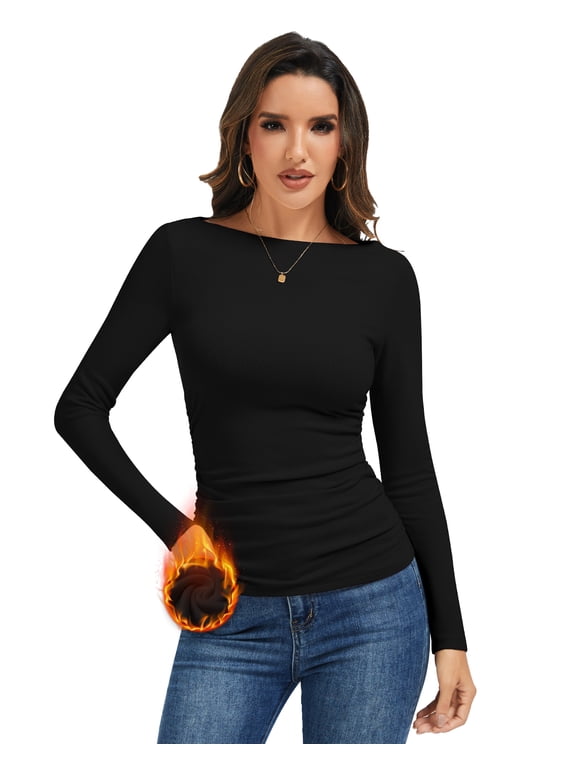 Women's Thermal Long Sleeve Top Fleece Lined Boat Neck Ruched Slim Fit Base Layer Shirt