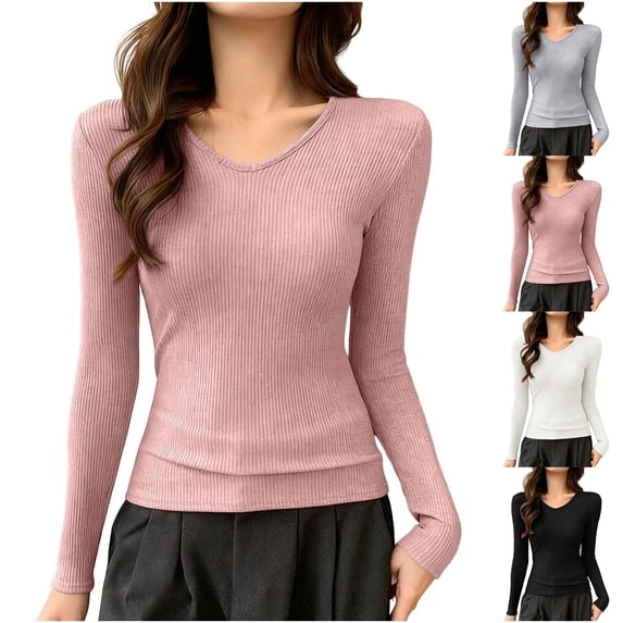 Women's Thermal Long Sleeve V Neck Base Layer Top Shirt, Solid Color Loose Fit Warm Tummy Control, Casual Winter Layering Essential | CSEONE,Black L