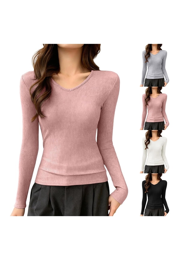 Women's Thermal Long Sleeve V Neck Base Layer Top Shirt, Solid Color Loose Fit Warm Tummy Control, Casual Winter Layering Essential | CSEONE,White L