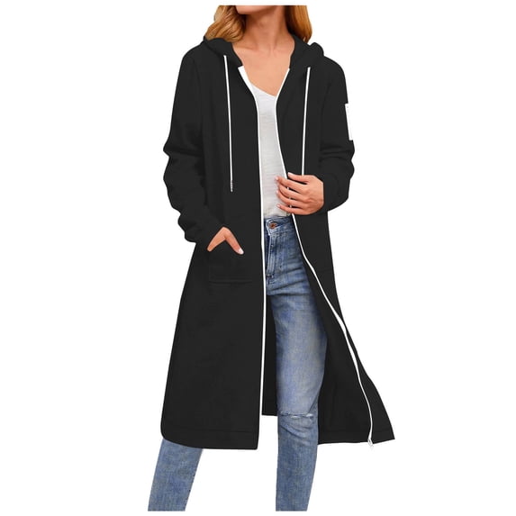 Women's Thermal Long Sweatshirt Long Sleeve Hooded Pocket Zipper Drawstring Pocket Tops Sweatshirts Lounge Warm Solid Wind Resistant Windbreaker Sweater Cardigan with Pockets for Women
