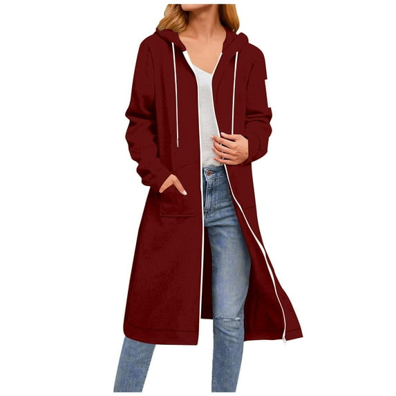 Women's Thermal Long Sweatshirt Long Sleeve Hooded Pocket Zipper Drawstring Pocket Tops Sweatshirts Lounge Warm Solid Wind Resistant Windbreaker Sweater Cardigan with Pockets for Women