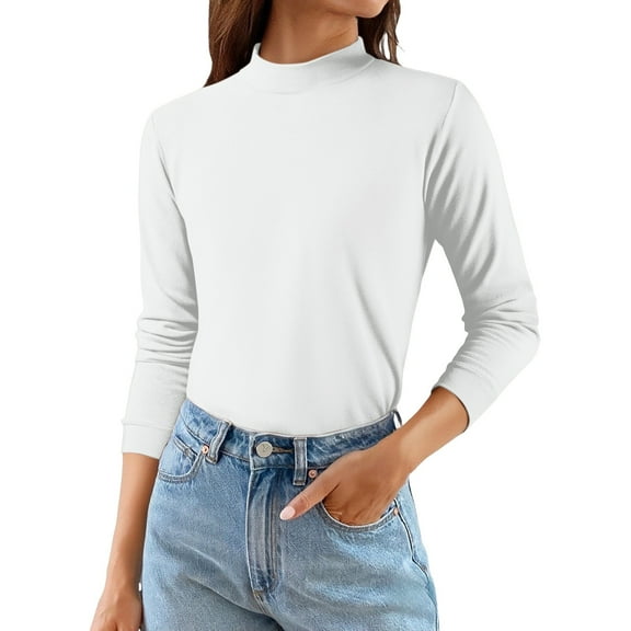 Women's Thermal Mock Neck Sweater, Fleece Lined Long Sleeve Base Layer Top, Warm Slim Fit Turtleneck for Layering Underwear or Outerwear, Casual Daily Wear and Cold Weather Protection White M