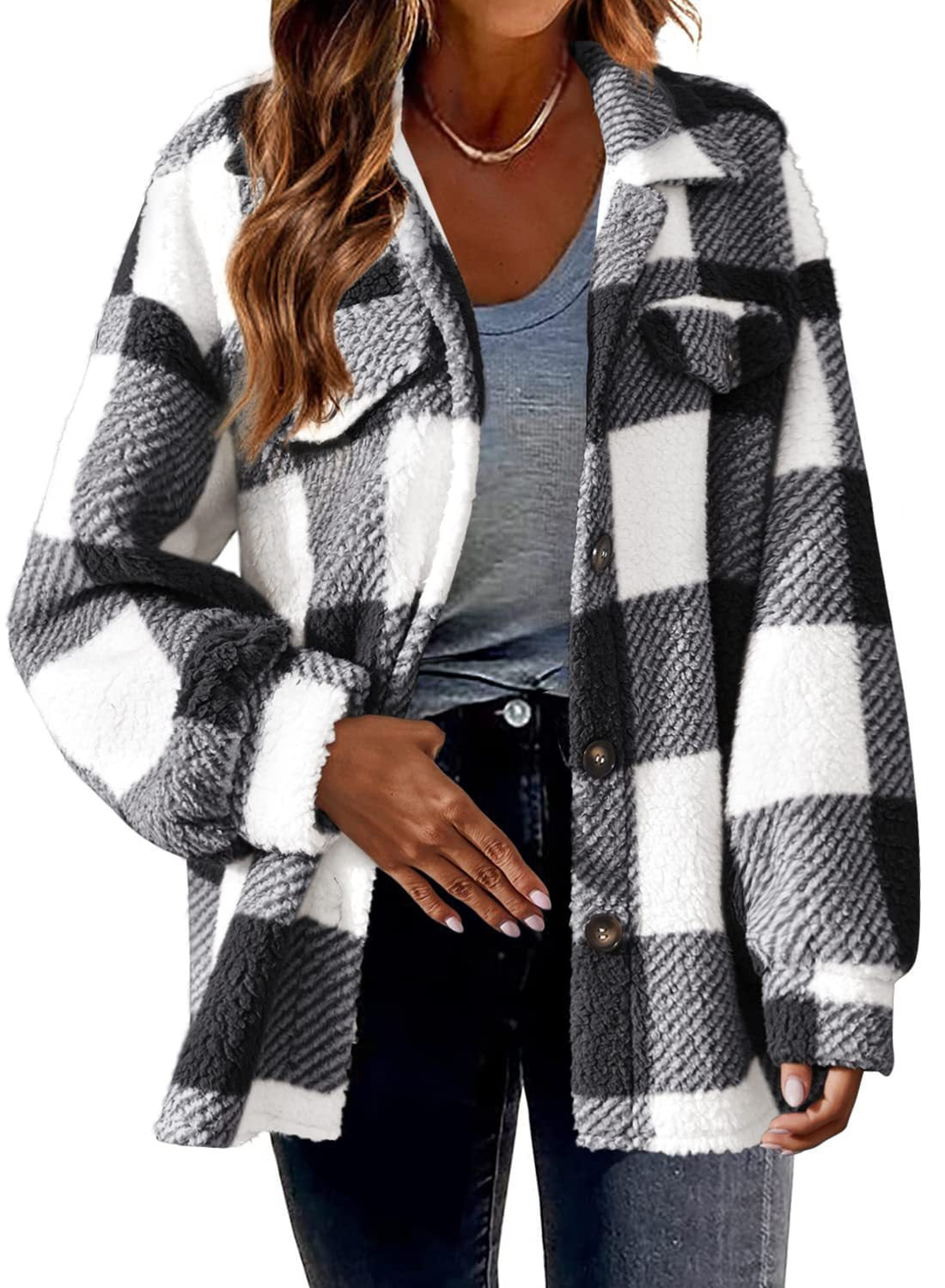 Women's Thermal Sherpa Fleece Lined Flannel Plaid Shirt Button Down ...
