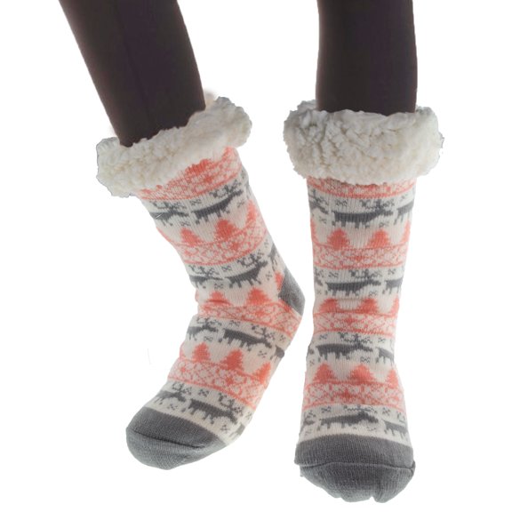 Women's Thermal Sherpa Slipper Socks (2 Pairs) - Plush Fleece, Warm & Toasty Footwear for Cold Winter Weather – Non-Skid Gripper Bottom, for Cozy Indoor Nights & Christmas Holidays - White Light Pink