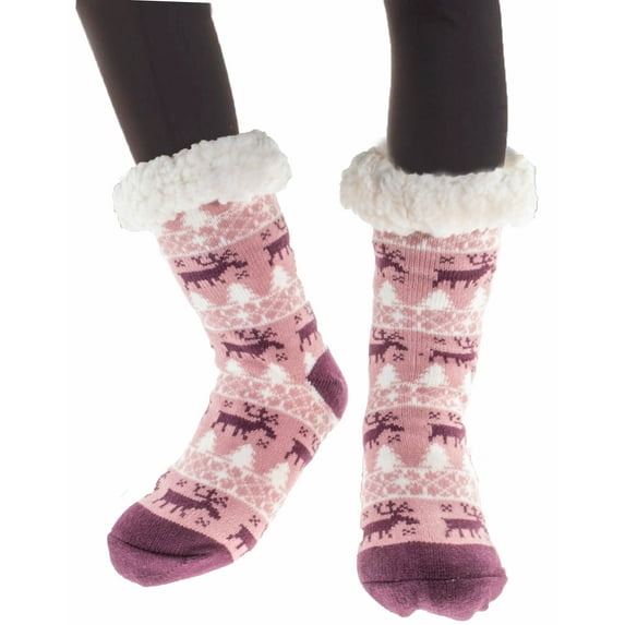 Women's Thermal Sherpa Slipper Socks (2 Pairs) - Plush Fleece, Warm & Toasty Footwear for Cold Winter Weather – Non-Skid Gripper Bottom, for Cozy Indoor Nights & Christmas Holidays - Pink Dark Purple