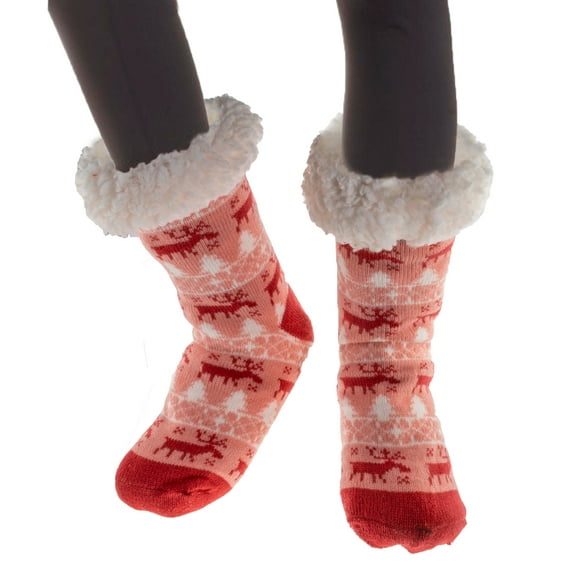 Women's Thermal Sherpa Slipper Socks (2 Pairs) - Plush Fleece, Warm & Toasty Footwear for Cold Winter Weather – Non-Skid Gripper Bottom, for Cozy Indoor Nights & Christmas Holidays - Red Dark Red