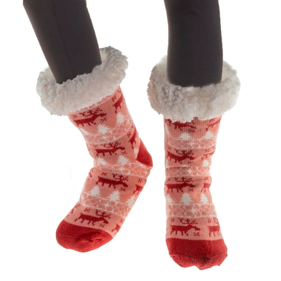 Women's Thermal Sherpa Slipper Socks (2 Pairs) - Plush Fleece, Warm & Toasty Footwear for Cold Winter Weather – Non-Skid Gripper Bottom, for Cozy Indoor Nights & Christmas Holidays - Red Dark Red