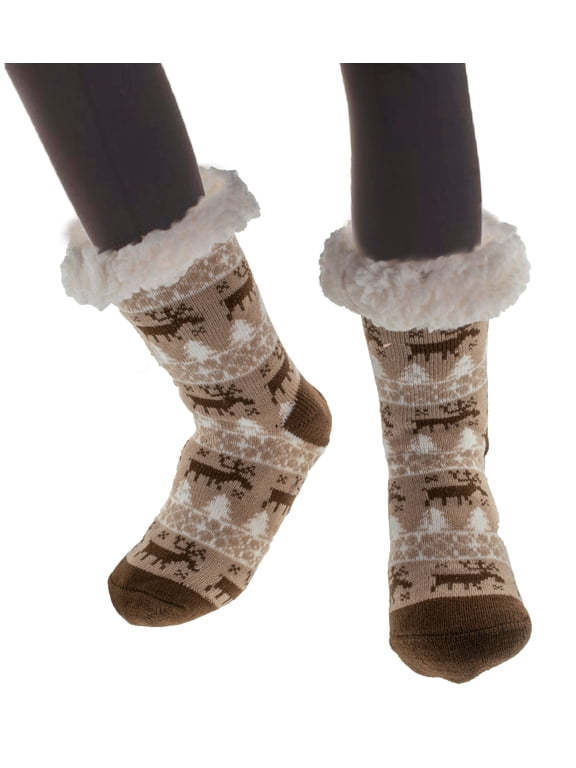 Women's Thermal Sherpa Slipper Socks – Plush Fleece, Warm & Toasty Footwear for Cold Winter Weather – Non-Skid Gripper Bottom, for Cozy Indoor Nights & Christmas Holidays - Brown Dark Brown