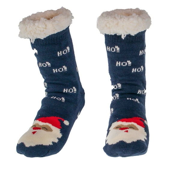 Women's Thermal Sherpa Slipper Socks – Plush Fleece, Warm & Toasty Footwear for Cold Winter Weather – Non-Skid Gripper Bottom, for Cozy Indoor Nights & Christmas Holidays - Blue Santa