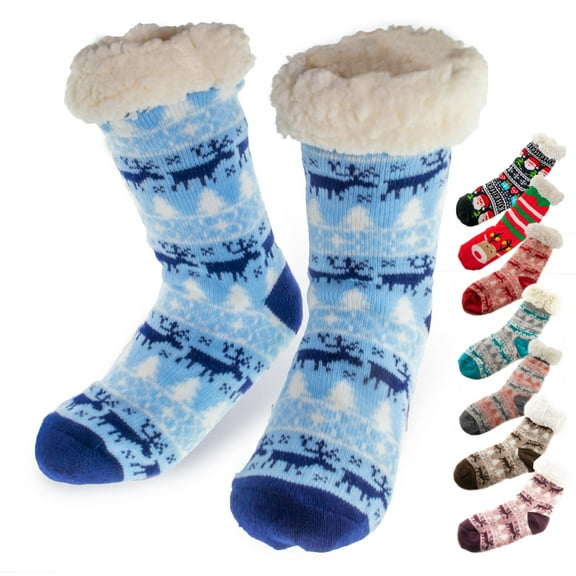 Women's Thermal Sherpa Slipper Socks – Plush Fleece, Warm & Toasty Footwear for Cold Winter Weather – Non-Skid Gripper Bottom, for Cozy Indoor Nights & Christmas Holidays - Light Blue Blue