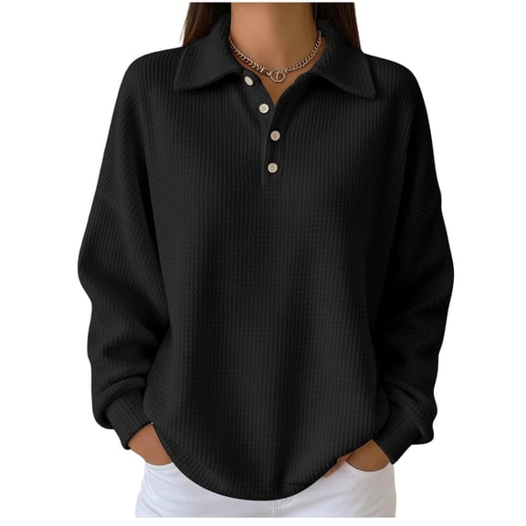 Women's Thermal Shirt Long Sleeve Solid Quarter Button Lapel Collar Solid Pullover Top Black XL