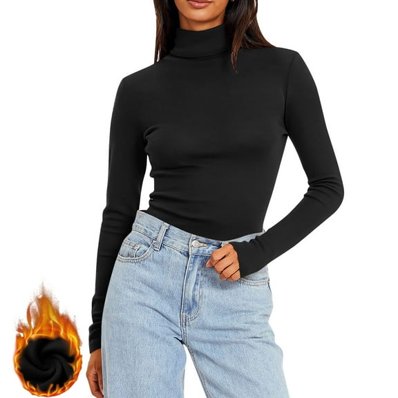 Women's Thermal Shirts Long Sleeve Fleece Lined Undershirts High Neck Warm Layering Tops Fall Winter Clothes, Black L
