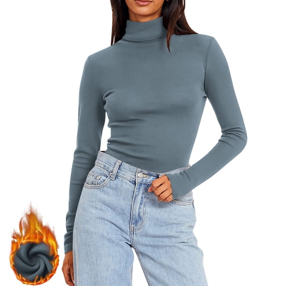 Women's Thermal Shirts Long Sleeve Fleece Lined Undershirts High Neck Warm Layering Tops Fall Winter Clothes, Navy XL
