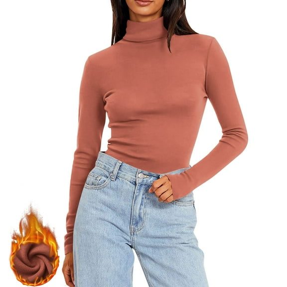 Women's Thermal Shirts Long Sleeve Fleece Lined Undershirts High Neck Warm Layering Tops Fall Winter Clothes, Pink M
