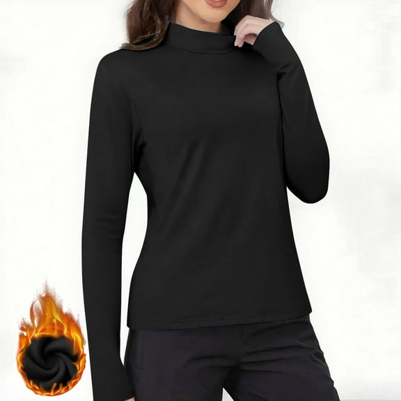 Women's Thermal Shirts Long Sleeve Fleece Lined Undershirts Mock Neck Warm Layering Tops Fall Winter Clothes, Black XL