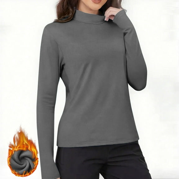 Women's Thermal Shirts Long Sleeve Fleece Lined Undershirts Mock Neck Warm Layering Tops Fall Winter Clothes, Gray M