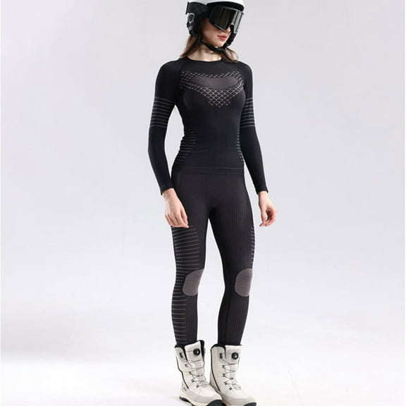 Women's Thermal Ski Underwear Set Long Sleeve Slim Fitting T-Shirt and Leggings Breathable Warm Base Layer Cold Weather Teens 2pc Outfits Black M