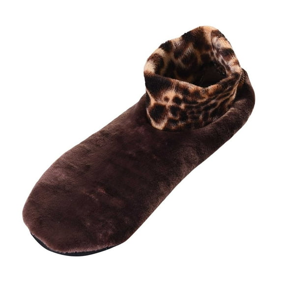 Women's Thermal Slipper Socks, Double Layer Plush Leopard Print Mid-Calf Socks, Thickened Warm Fleece Lined Non-Slip Footwear for Indoor Outdoor Winter Wear and Daily Comfort Coffee