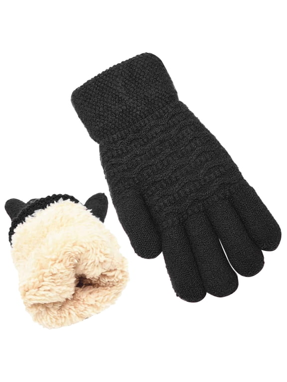 Women's Thermal Touchscreen Gloves, Winter Warm Cable Knit Gloves with Screen-Compatible Fingertips, Wool Lined Cold Weather Gloves for Outdoor Use, Texting Gloves for Women - Black