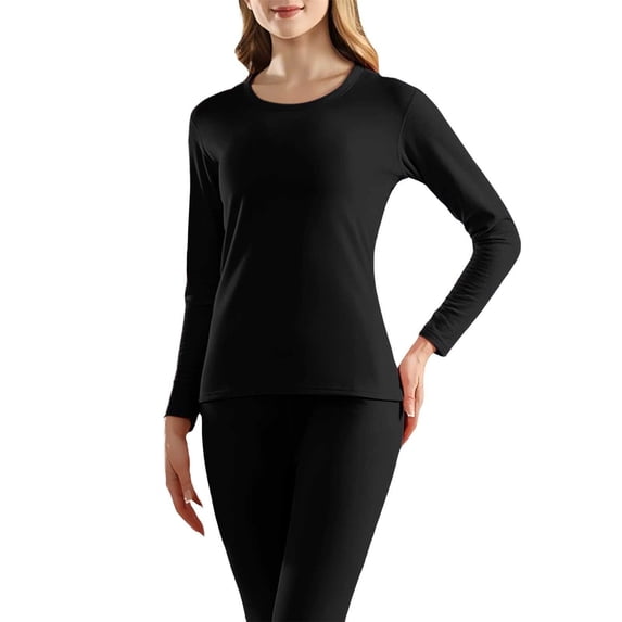 Women's Thermal Undershirt Set 2PC Sleepwear Long Sleeve Crewneck Pullover Top Fleece Lined Base Layer Set Black 4XL