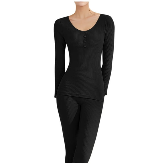 Women's Thermal Underwear Set Cotton Warm Base Layer Lightweight Long Sleeve Top & Pyjama Bottoms Black Free Size