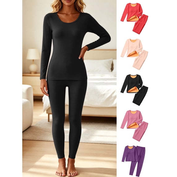 Women's Thermal Underwear Set Fleece Lined Long Sleeve Round Neck Top & Leggings 2‑Piece Warm Base Layer for Fall Winter