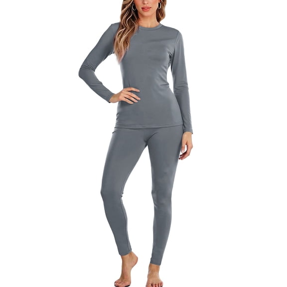 Women's Thermal Underwear Set, Thin Base Layer, Thermal Long-Sleeved Top and Pants, Lightweight Warm Clothing for Cold Seasons and Layering,Gray,S