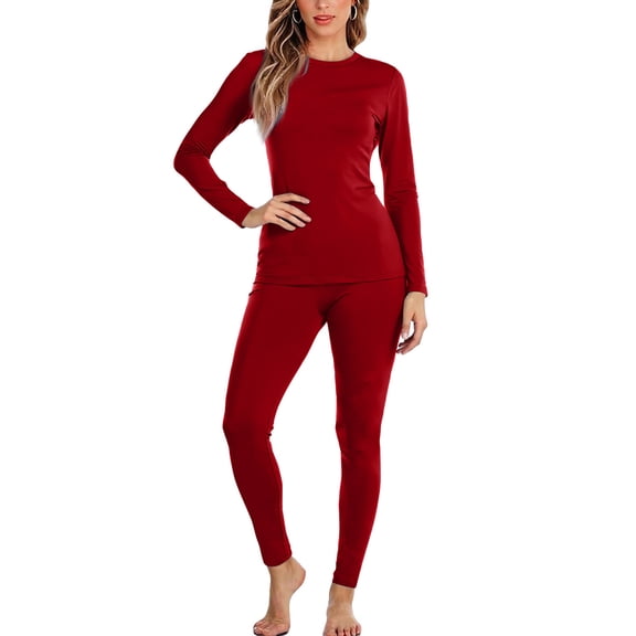 Women's Thermal Underwear Set, Thin Base Layer, Thermal Long-Sleeved Top and Pants, Lightweight Warm Clothing for Cold Seasons and Layering,Red,M