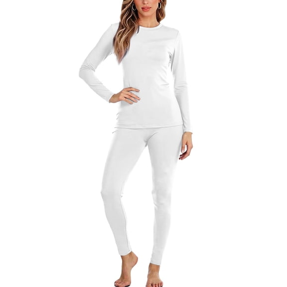 Women's Thermal Underwear Set, Thin Base Layer, Thermal Long-Sleeved Top and Pants, Lightweight Warm Clothing for Cold Seasons and Layering,White,L
