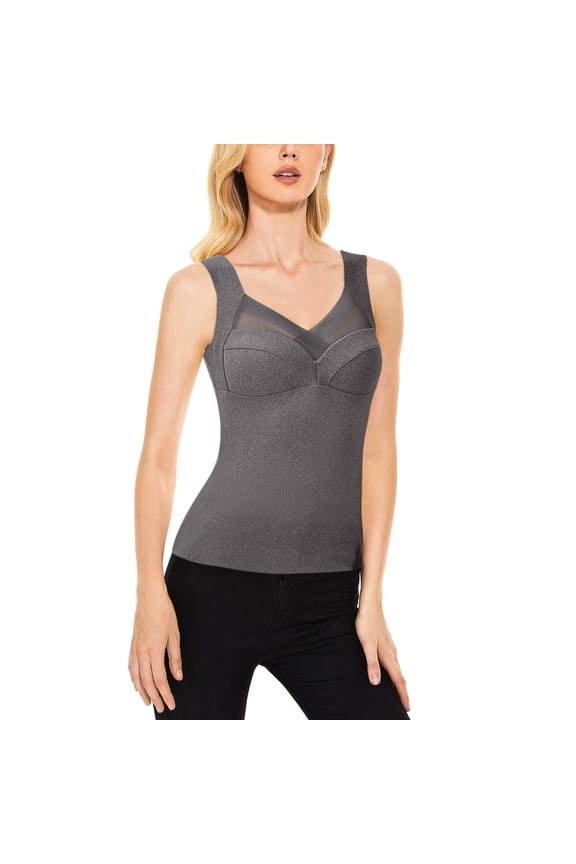 Women's Thermal Underwear Top Built-In Bra V-Neck Sleeveless Lined Winter Vest Comfortable Layering Base Layer