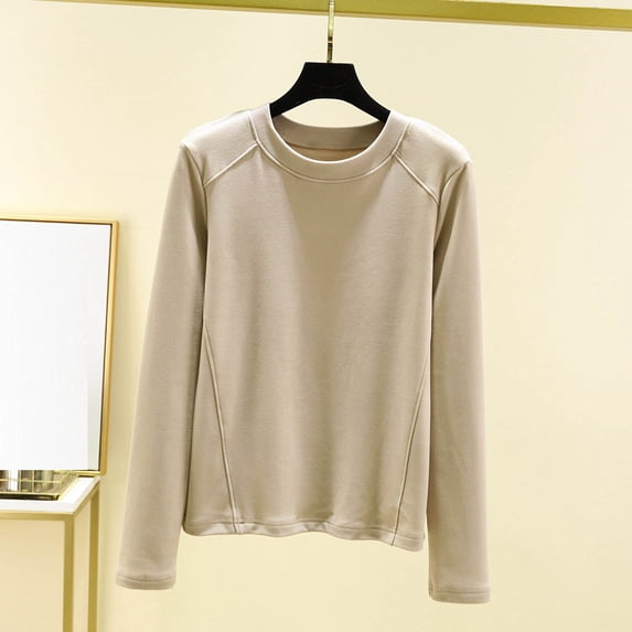 Women's Thermal Underwear Tops Crewneck Long Sleeve Warm Winter Fleece Lined Base Layer Shirts Loungewear New Beige XL