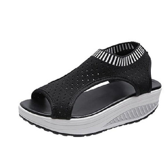 Women's Thick Bottom Sandals Non-Slip Hollow Mesh Sandals Slip On Peep Toe Plus Size Wedge Sandals Indoor Outdoor Ladies Summer Casual Shoes Black 6