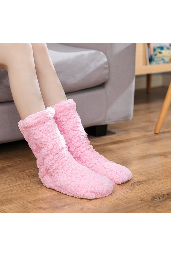 Women's Thick Coral Fleece Socks, Super Soft Winter Slipper Socks for Home, Warm Fuzzy Non-Slip House Socks, Cozy Bed Socks for Cold Weather - Pink