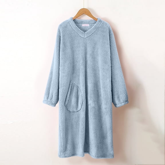 Women's Thick Flannel Nightgown, Fuzzy Fleece Cozy Warm Winter Pullover Loungewear Dress, Crewneck Sleepdress Homewear with Pocket Blue L